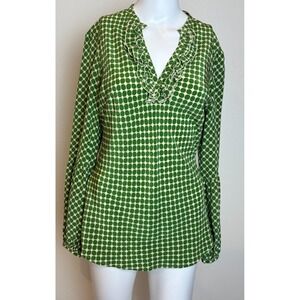 VTG Harolds 100% Silk Blouse S Pistachio Ruffle Feminine Retro Career Old Money